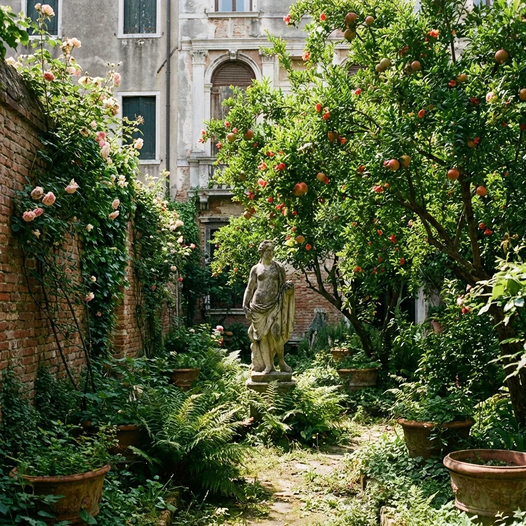 A lush, green garden with a stone statue of a woman in the center, surrounded by flowering bushes, potted plants, and an old building with windows in the background.