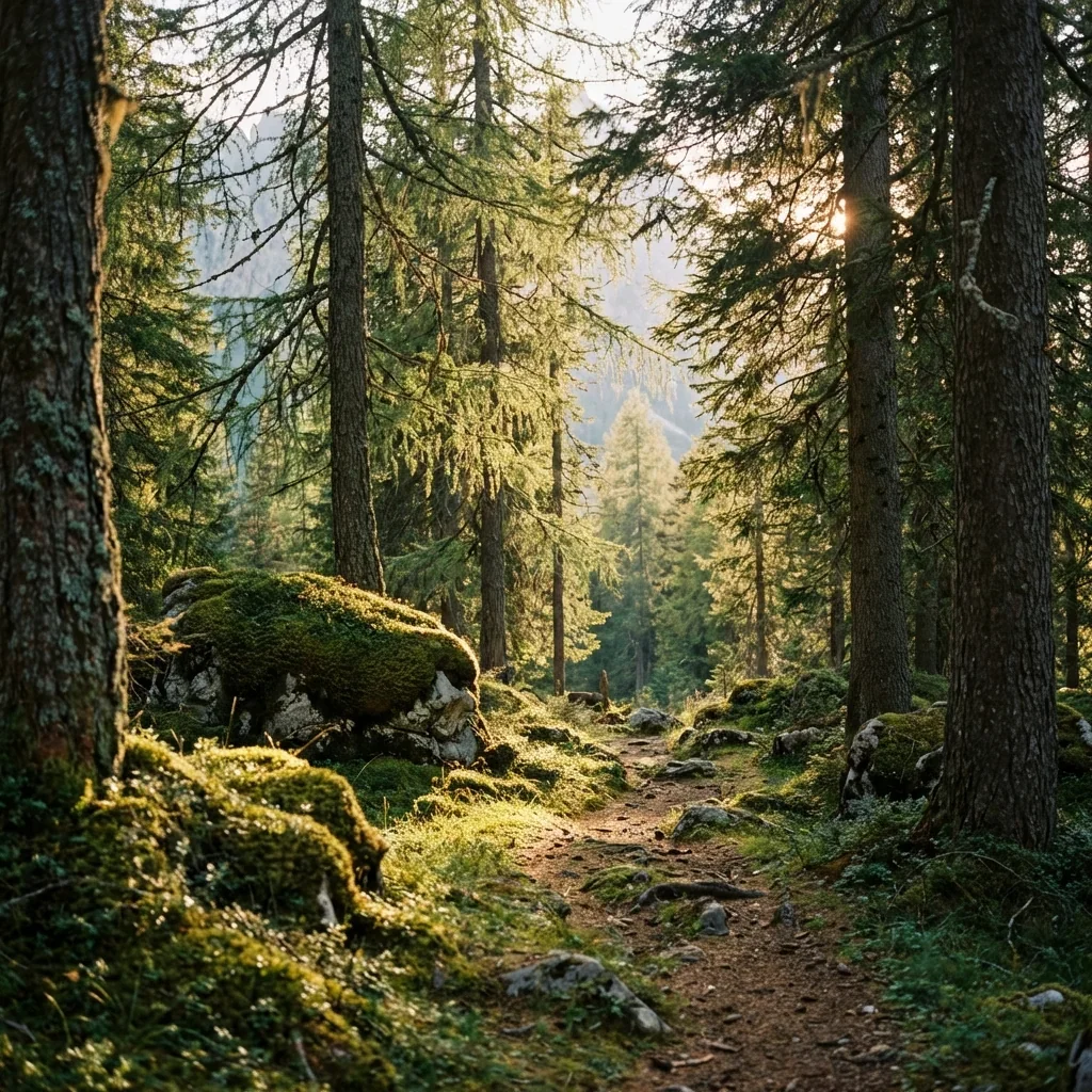 Sunlight filters through a dense forest of tall pine trees onto a moss-covered forest floor and dirt trail.