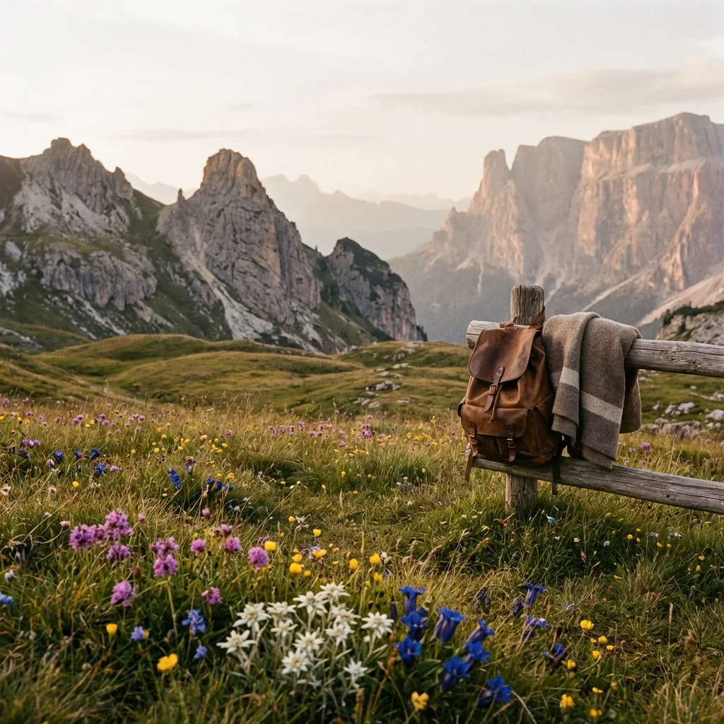A scenic mountain landscape with rocky peaks and green meadows dotted with colorful wildflowers, a wooden fence with a backpack and a blanket draped over it.