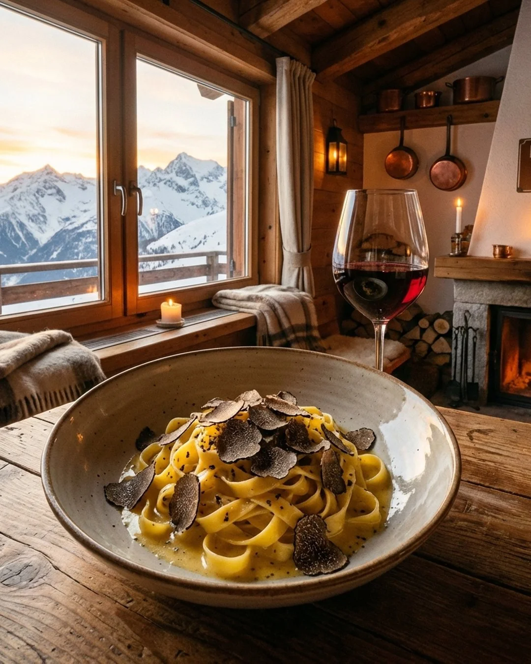 Gourmet ski lunch featuring truffle pasta and a glass of red wine at a mountain rifugio table with a view of the Dolomites.