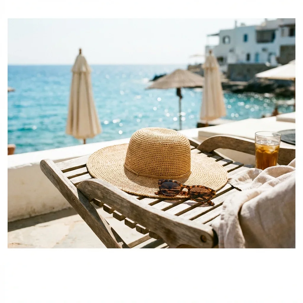 A straw sunhat and sunglasses resting on a wooden table at a beachside location with a glass of iced tea, with a background of ocean, umbrellas, and seaside buildings.