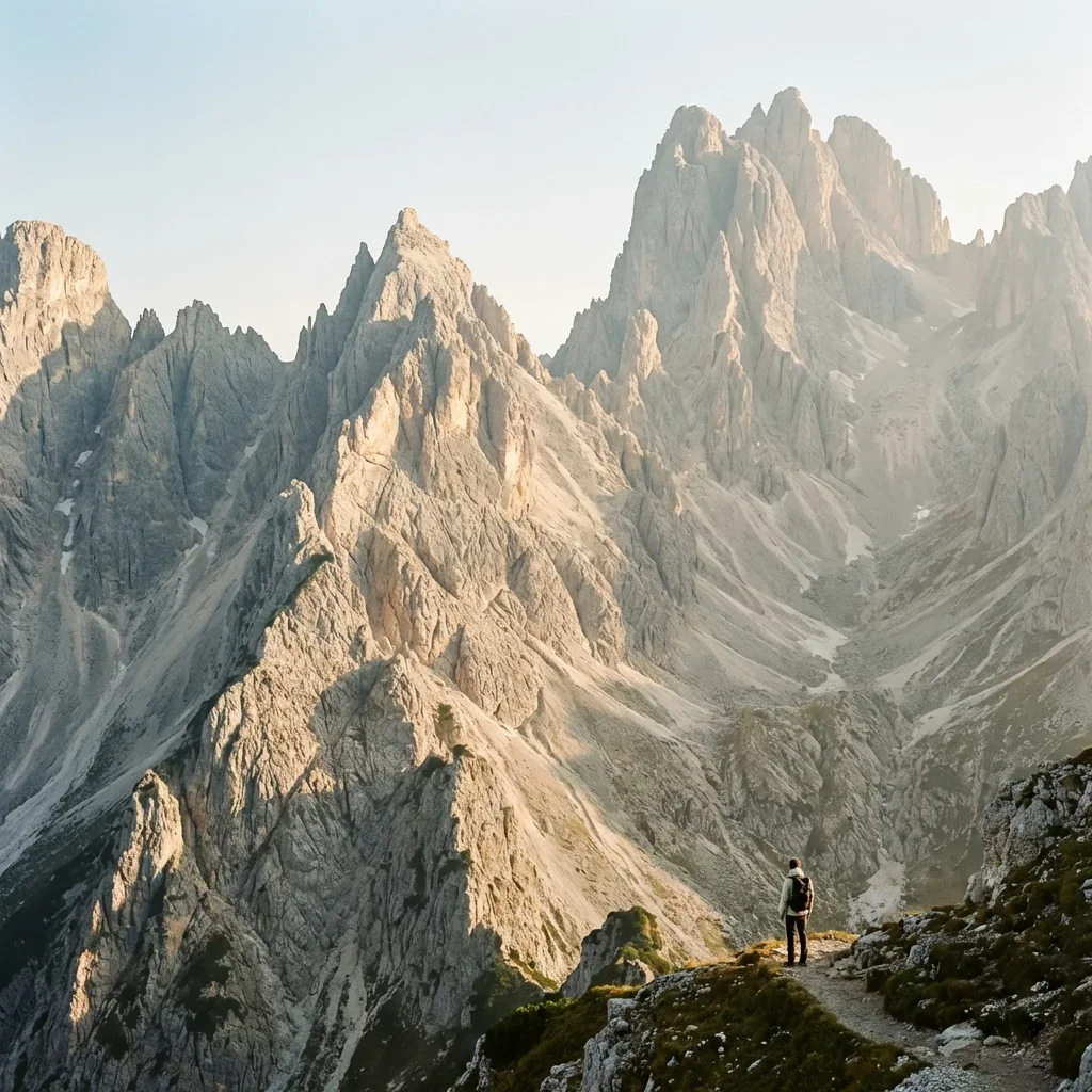 A person standing on a rocky trail overlooking a mountain range with sharp, jagged peaks in the distance.