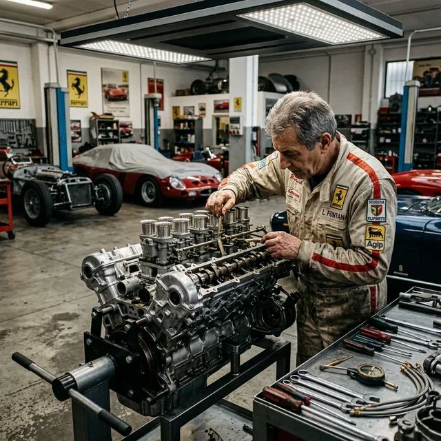 representaiton of a mechanic working of old engine in Modena