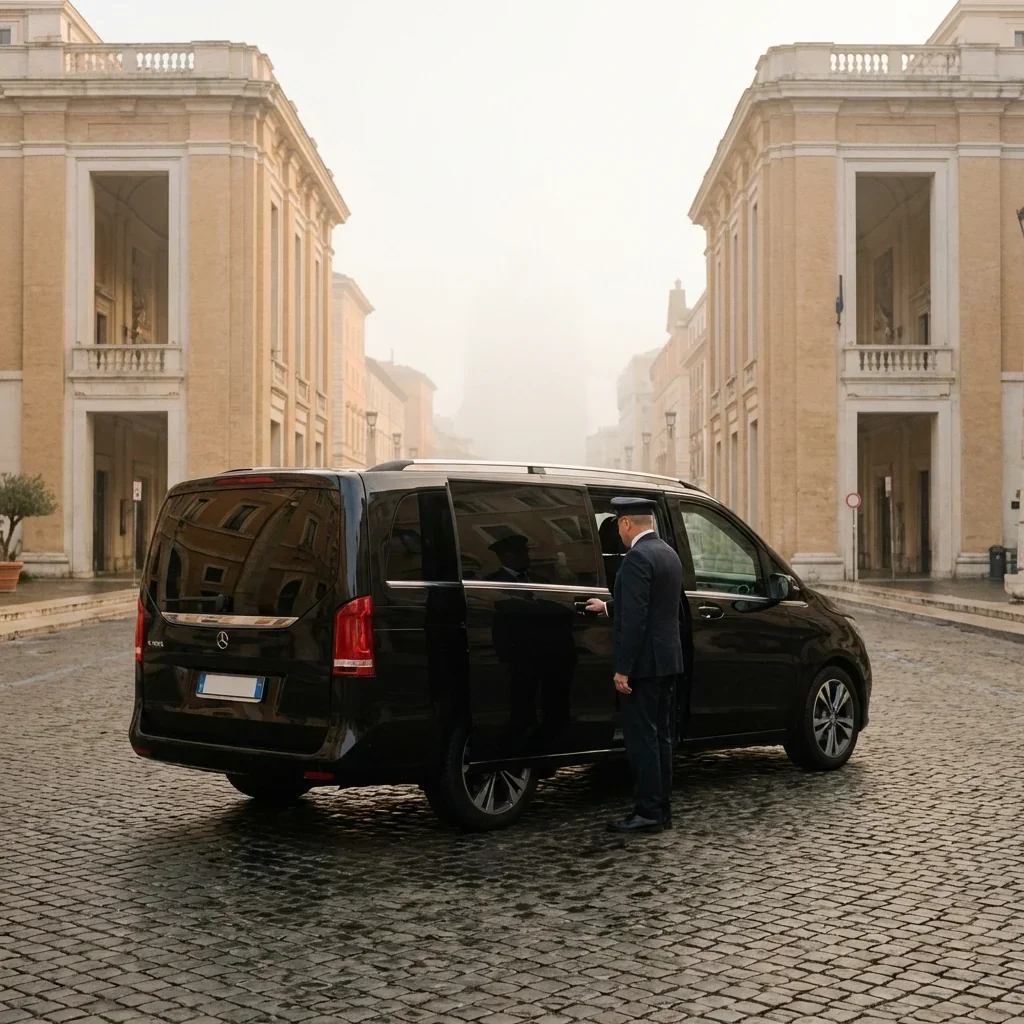A chauffeur dressed in a suit and cap standing outside a black Mercedes van, opening the side door on a cobblestone street in front of elegant beige buildings with classical architecture.