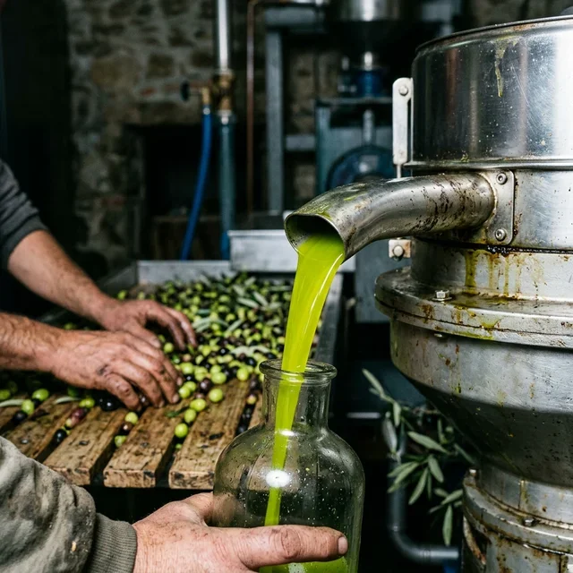fresh olive oil being pressed in southern Italy