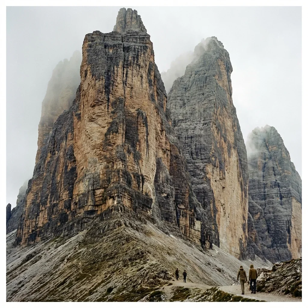 Three hikers walking on a trail near tall, rugged mountain peaks with mist and clouds surrounding them.