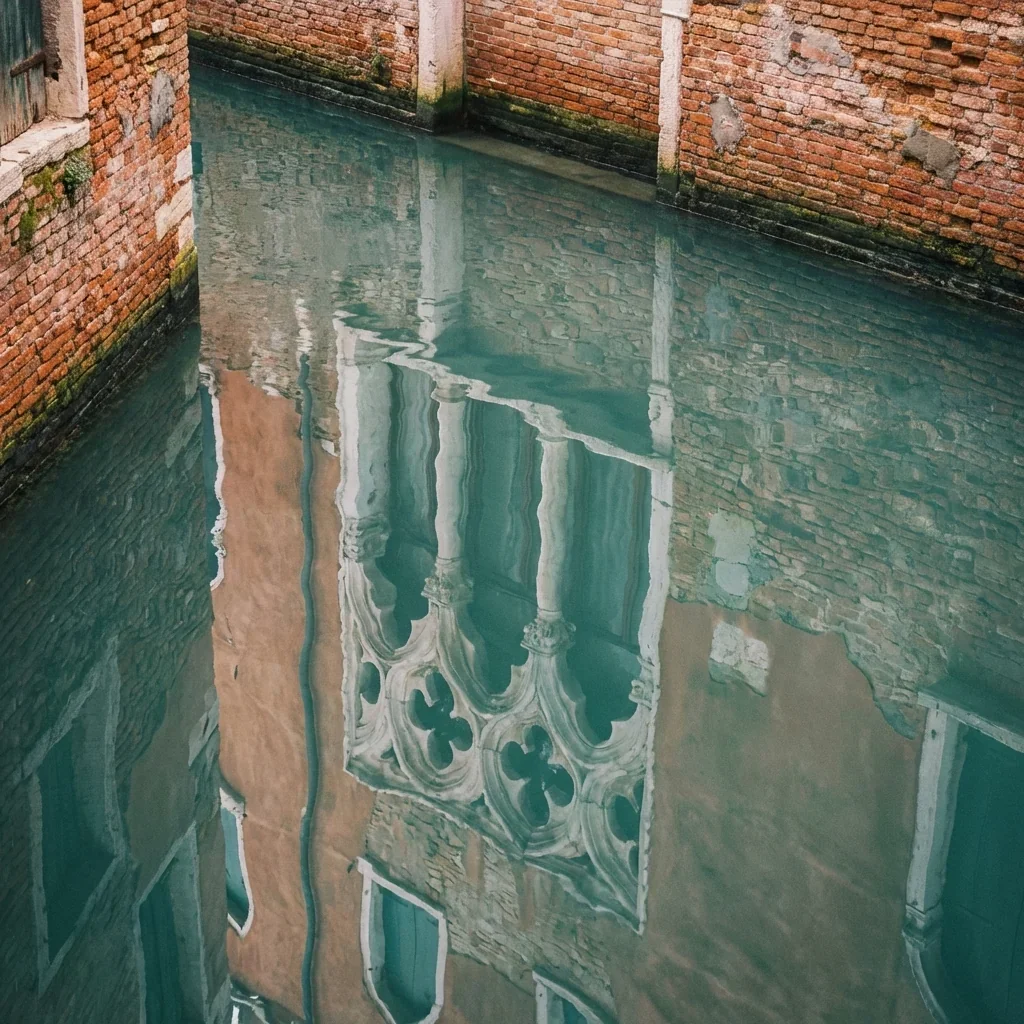 Reflection of an ornate, gothic-style building with arches and quatrefoil windows in a canal surrounded by brick buildings.