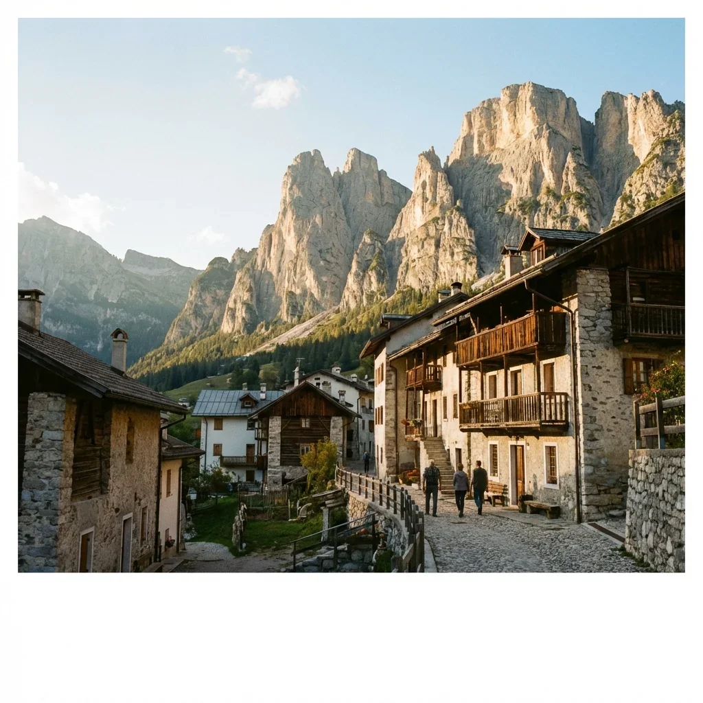 Charming mountain village with stone and wooden houses, surrounded by towering rocky peaks and a clear blue sky.