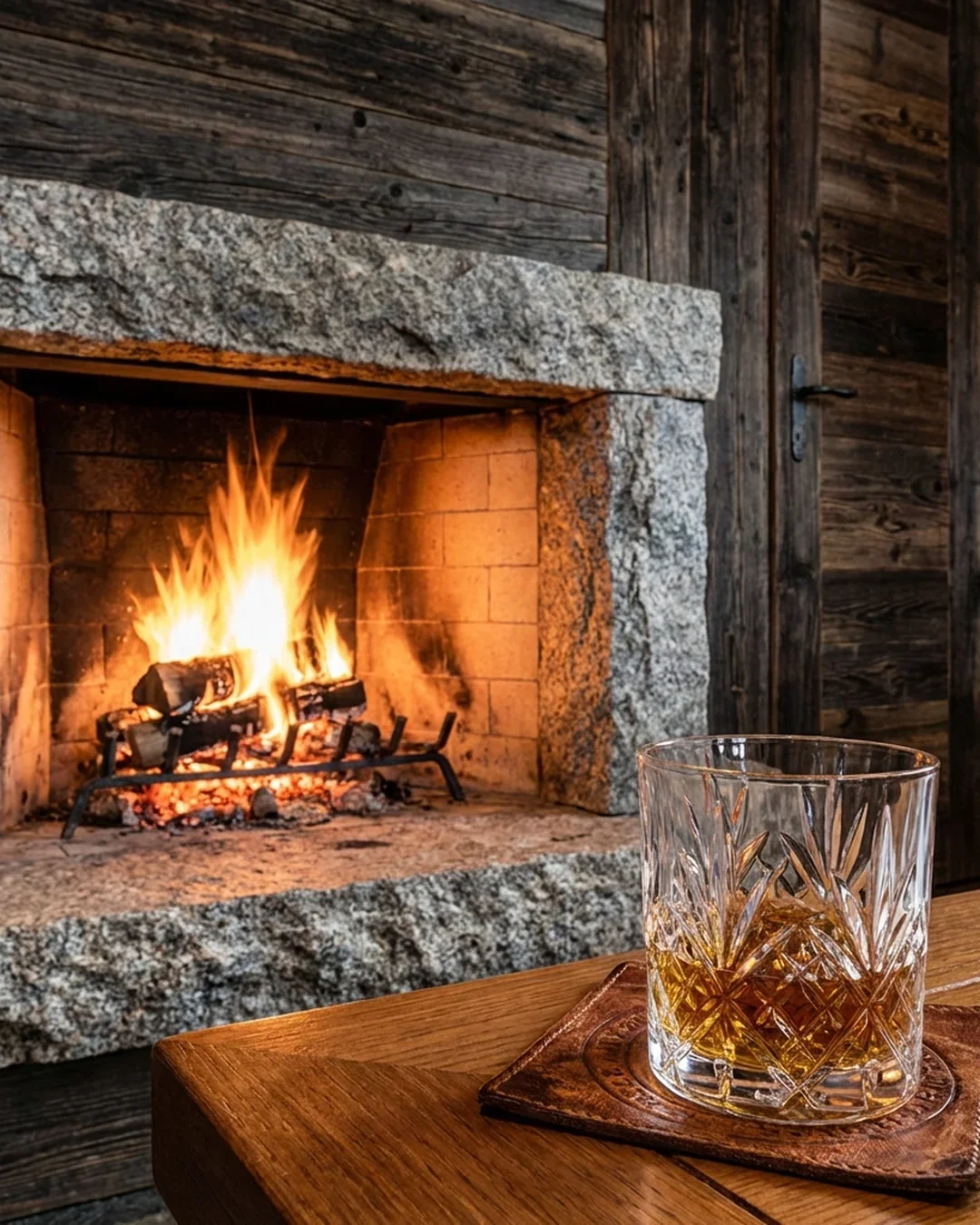 A cozy wooden interior with a lit stone fireplace and a glass of whiskey on a wooden table.