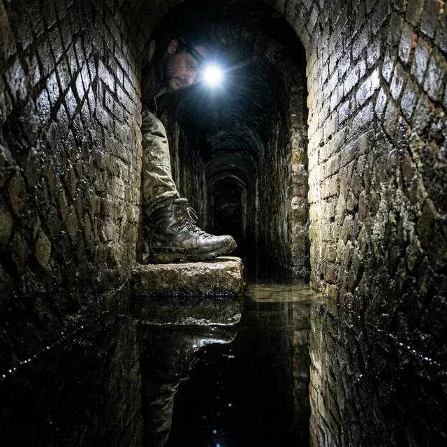 a man decends into the ancient tunnels leading to roman catacombs