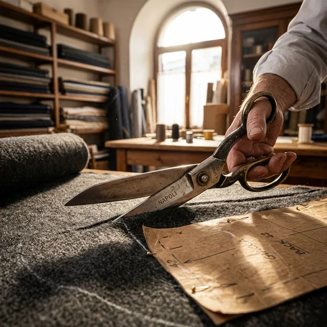 neapolitan artisan cutting textile material for a jacket