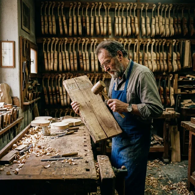 expert"liutaio" sounds a wooden board with his hammer to evaluate it