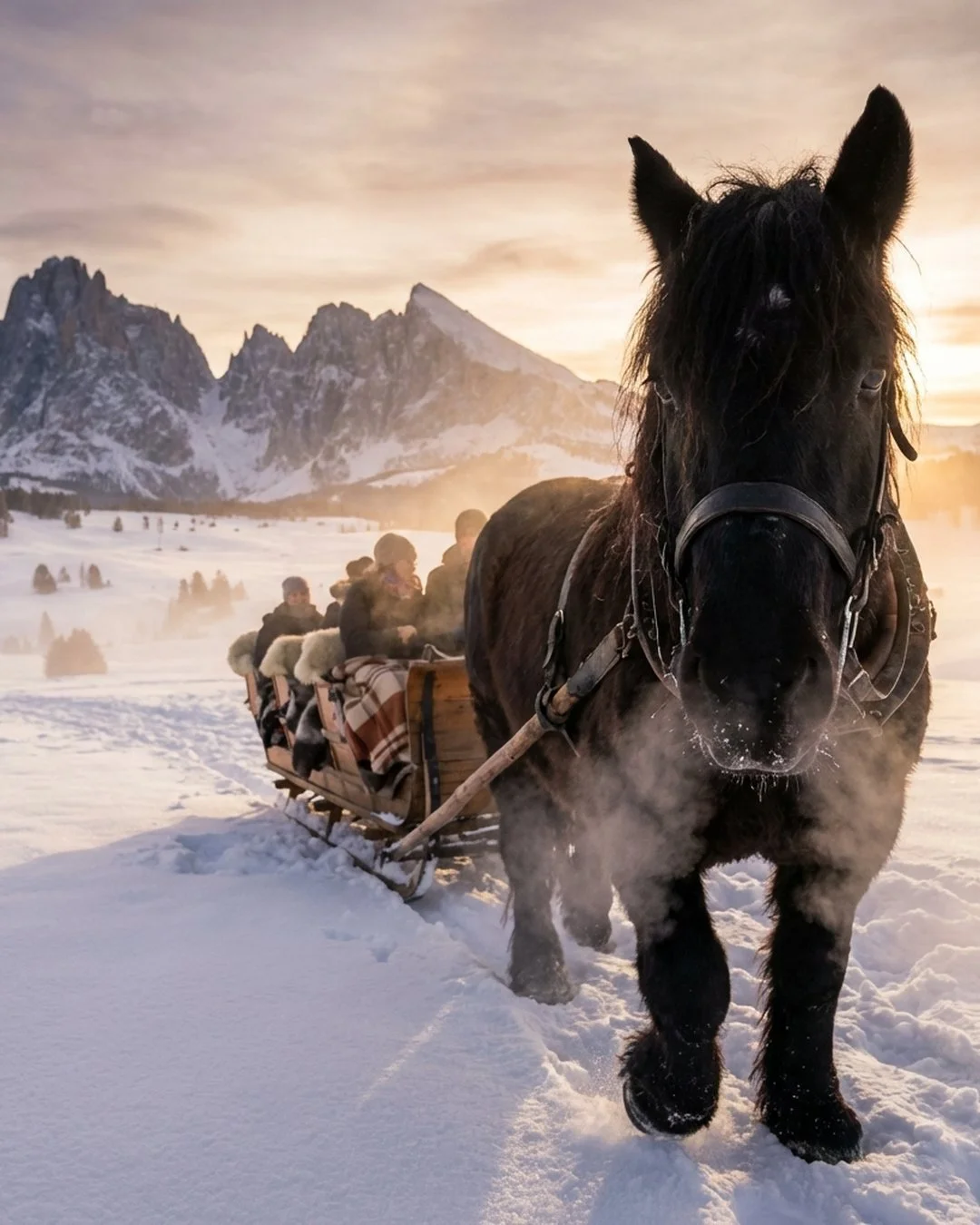 Horse-drawn sleigh ride moving through the snowy meadows of Alpe di Siusi with white mountains in the background.