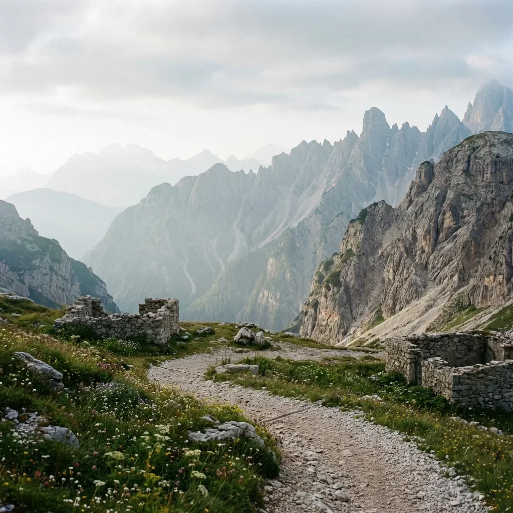 Mountain landscape with rocky peaks in the distance, green grassy area with wildflowers, and ruins of stone structures along a dirt path.