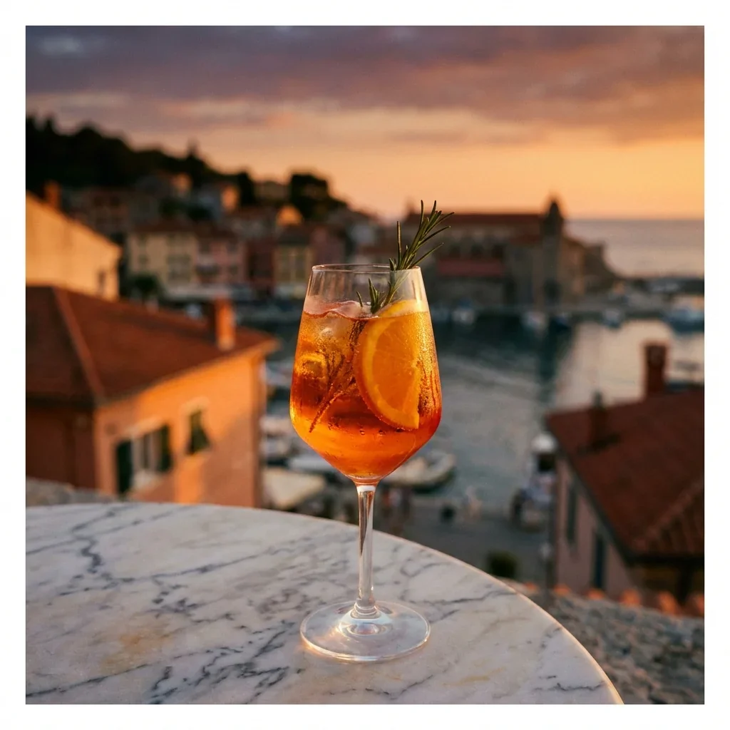 A glass of orange cocktail garnished with lemon slices and rosemary sprig, set on a marble surface with a scenic harbor and sunset in the background.