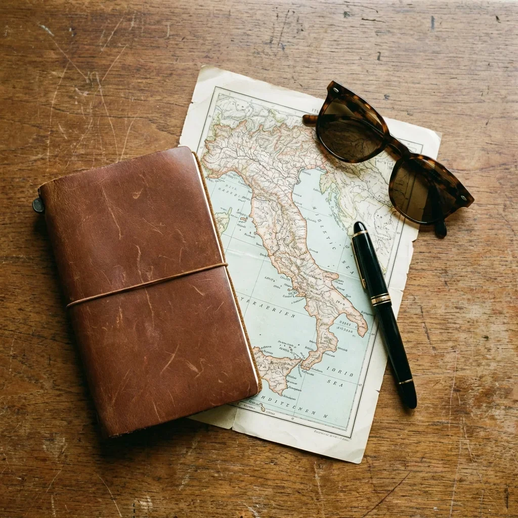 A wooden table with a vintage brown leather journal, a map of Italy, a pair of tortoiseshell sunglasses, a black pen, and a sheet of paper.