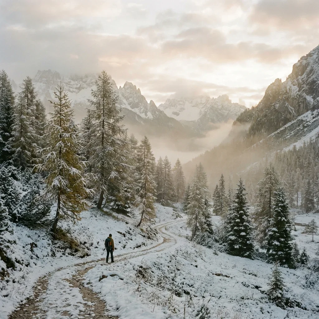 A person hiking on a snowy mountain trail surrounded by snow-covered pine trees, with mountains in the background and a cloudy sky.