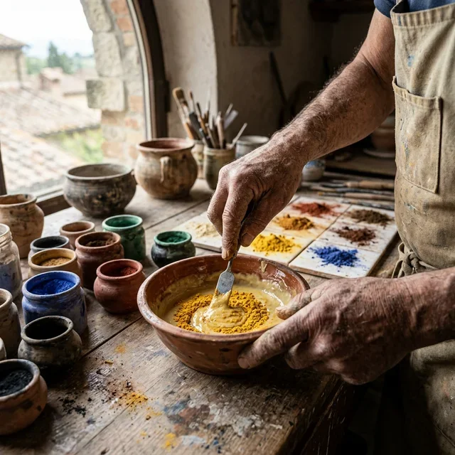 clay pigments being mixed on a wooden board in a tilemaster laboratory
