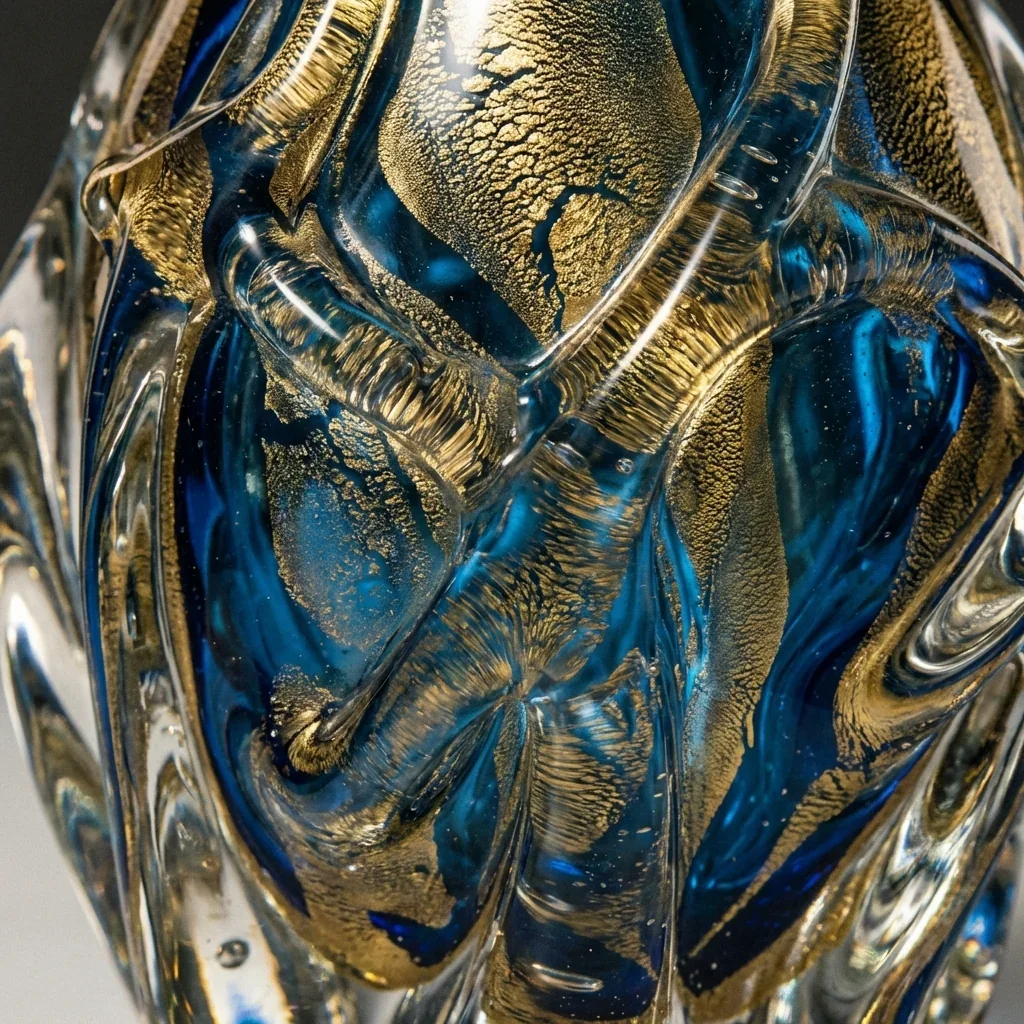 Close-up of a decorative glass with swirling blue and gold patterns.