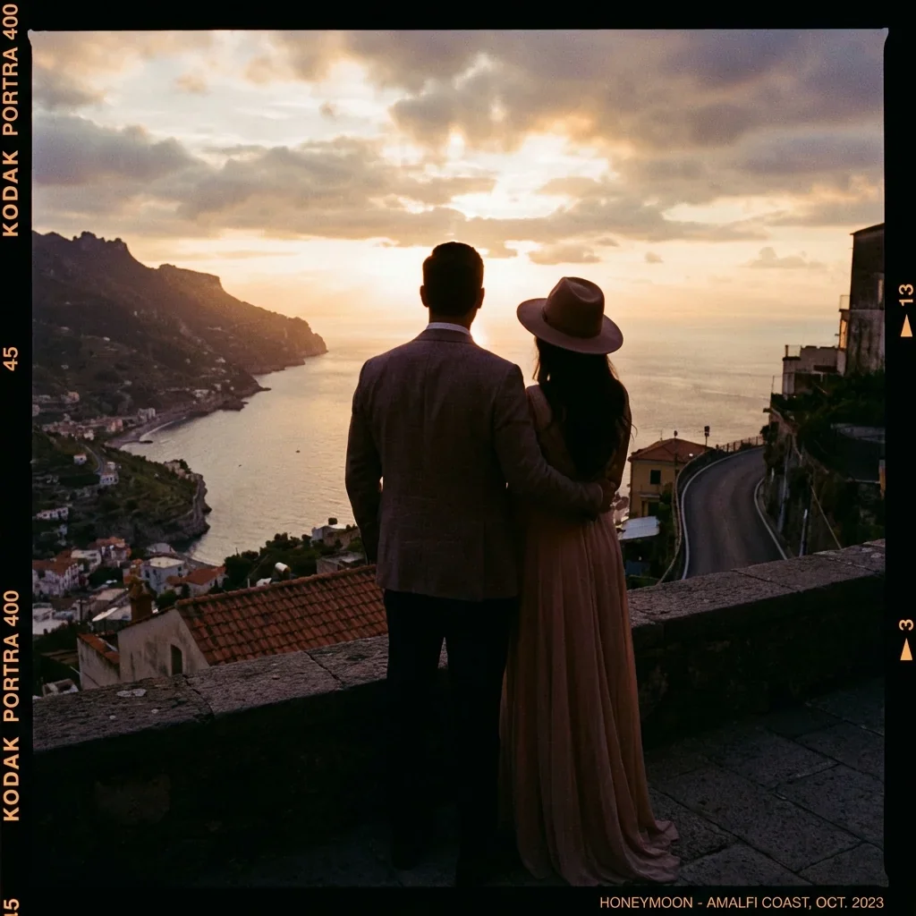A couple standing close, watching a sunset over Amalfi Coast, with the woman wearing a wide-brimmed hat.