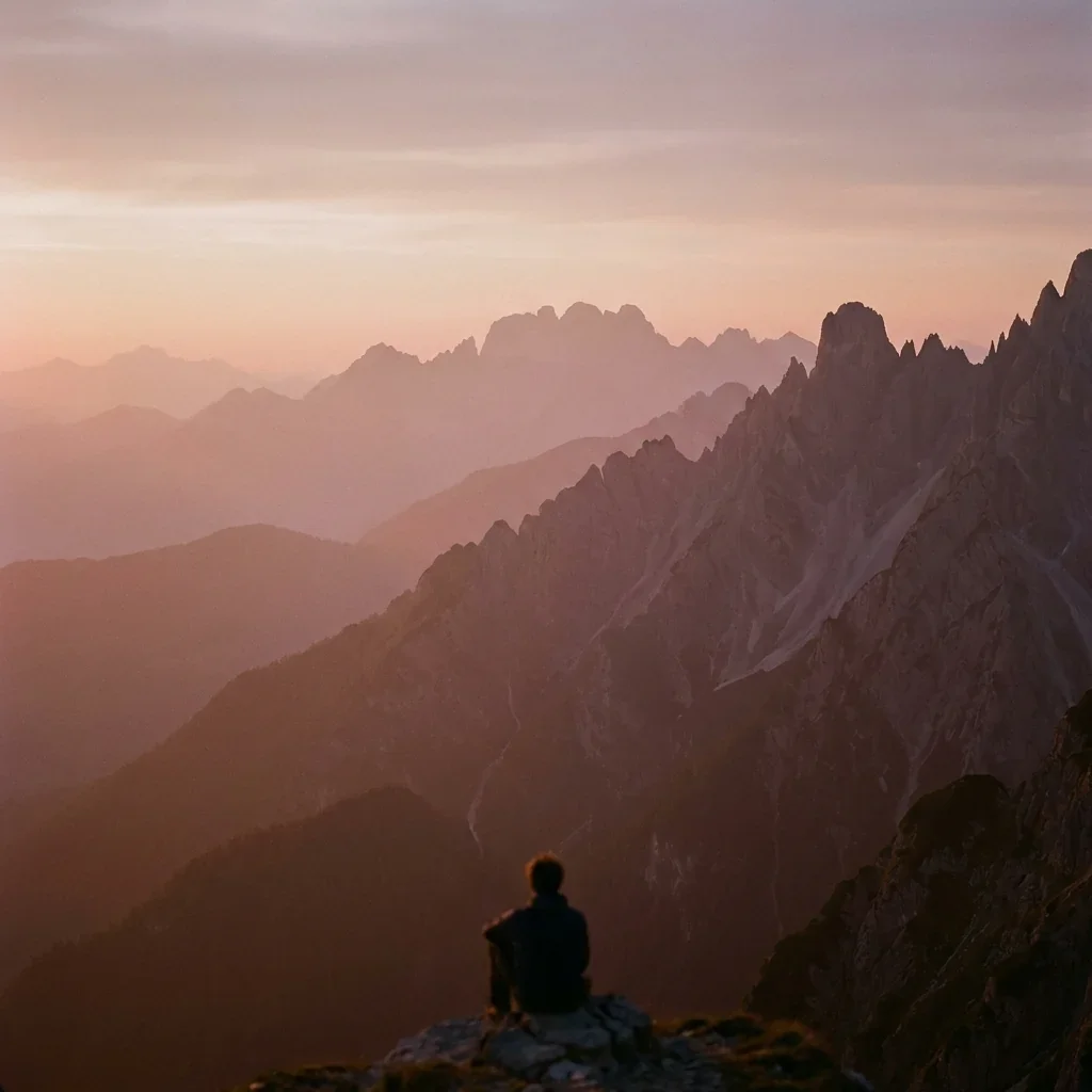 A person sitting on a mountaintop overlooking a range of mountains at sunset with a colorful sky.