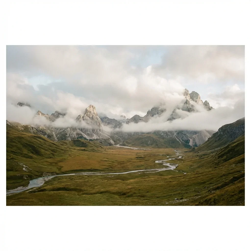 Mountain landscape with misty peaks, green valleys, and winding streams.