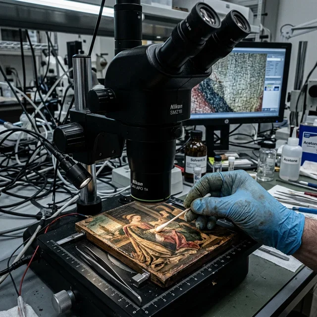 small painted board being restored in Florence