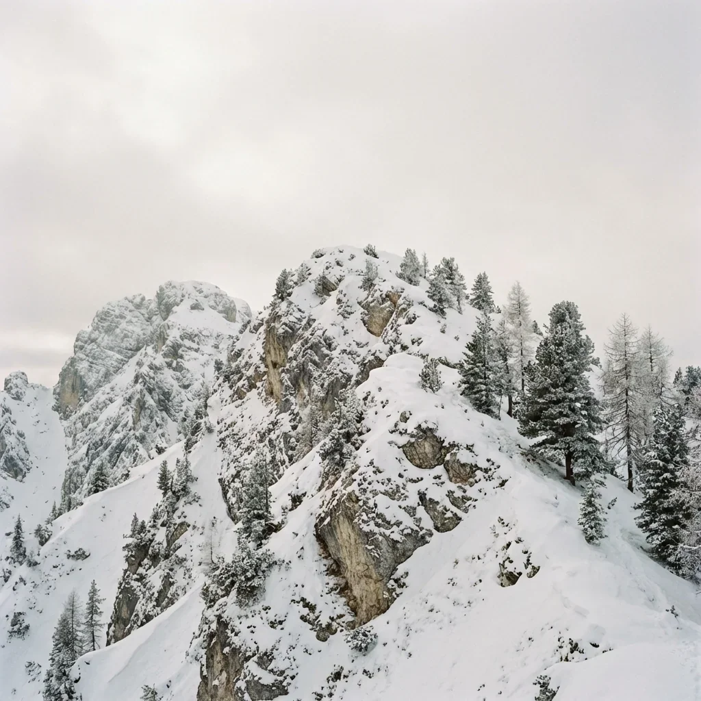 Snow-covered mountain with pine trees on steep slopes under a cloudy sky.