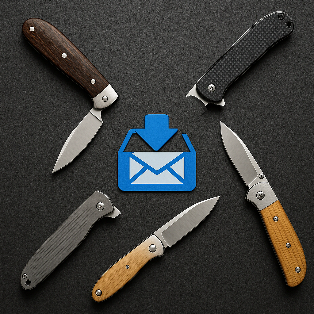 Five folding knives arranged in a circle around a blue email inbox icon with a downward arrow.