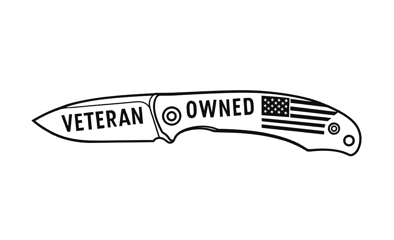 Outline drawing of a folding knife with patriotic American flag design, the words "Veteran Owned" on the blade.