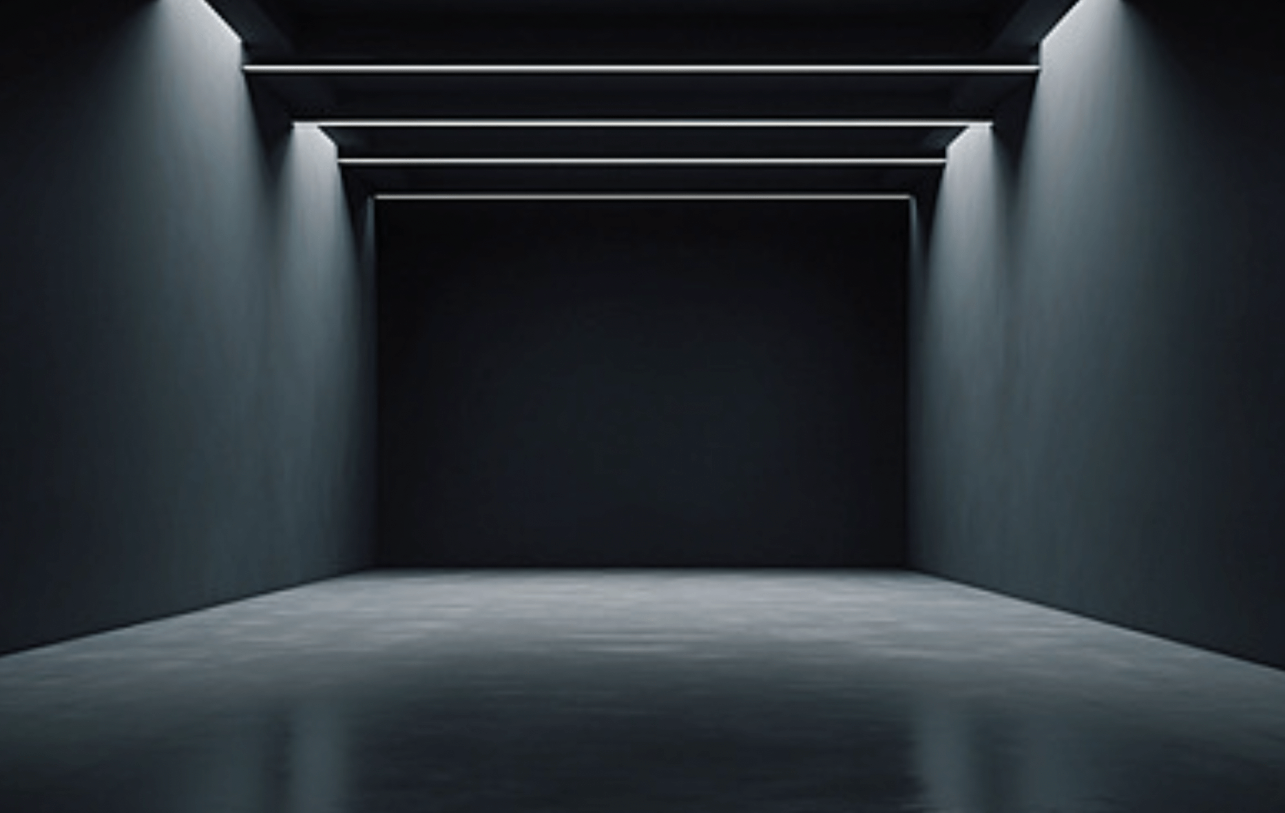 Dark, modern hallway with illuminated ceiling beams and reflective floor.