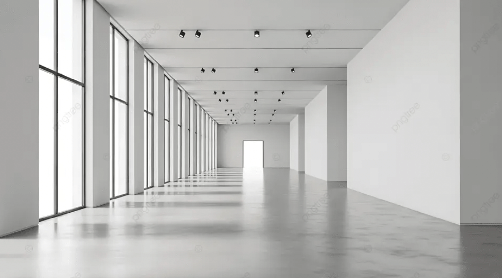 Empty spacious gallery or corridor with large floor-to-ceiling windows on the left, white walls, and a distant open doorway at the end, illuminated by natural and ceiling lights.