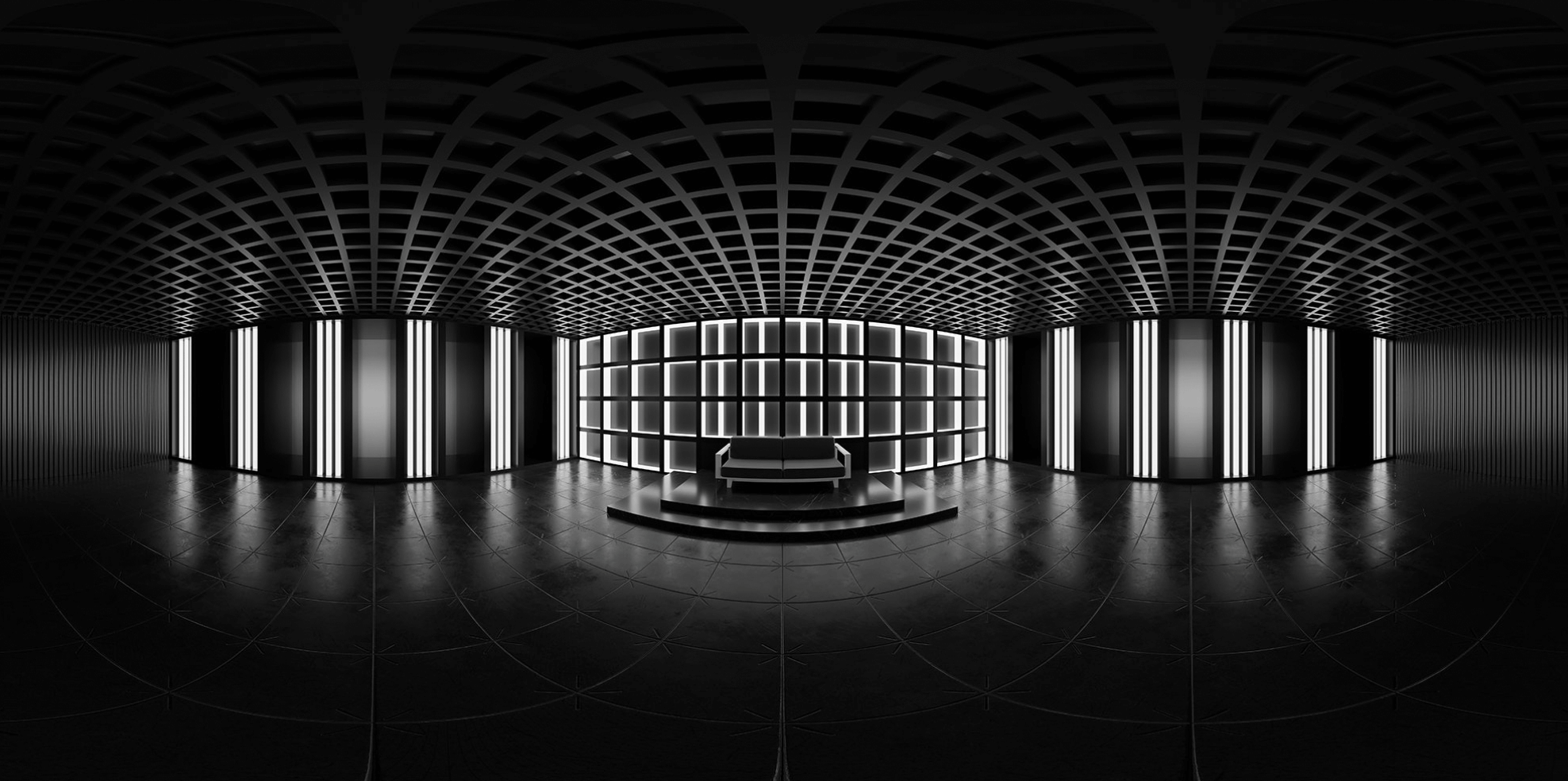 Futuristic black room with illuminated grid wall, symmetrical lighting, and a black sofa on a small platform.