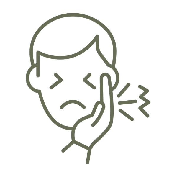 Line drawing of a person with a sad facial expression holding their hand up to their face as if to stop the pain or sound, with motion lines indicating impact or discomfort.