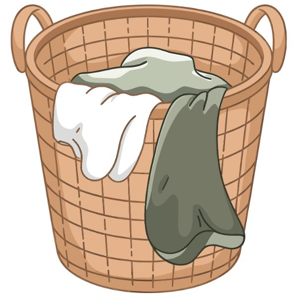 A laundry basket with white and dark gray clothes hanging over the side.