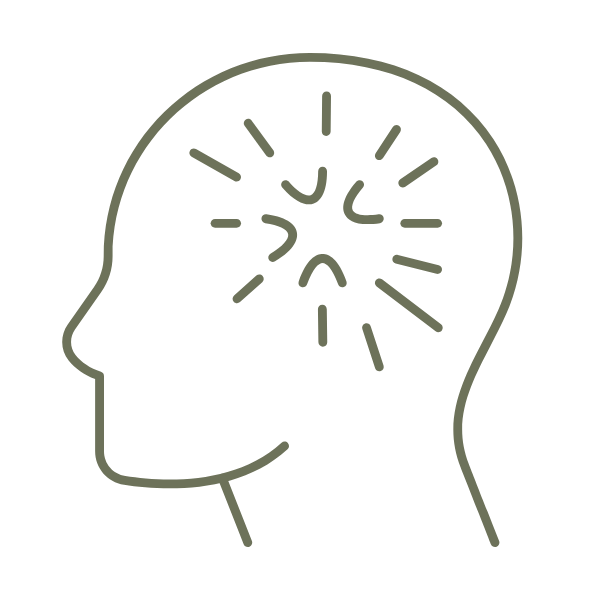 Line drawing of a human head profile with a skull and burst lines indicating brain pain or headache.