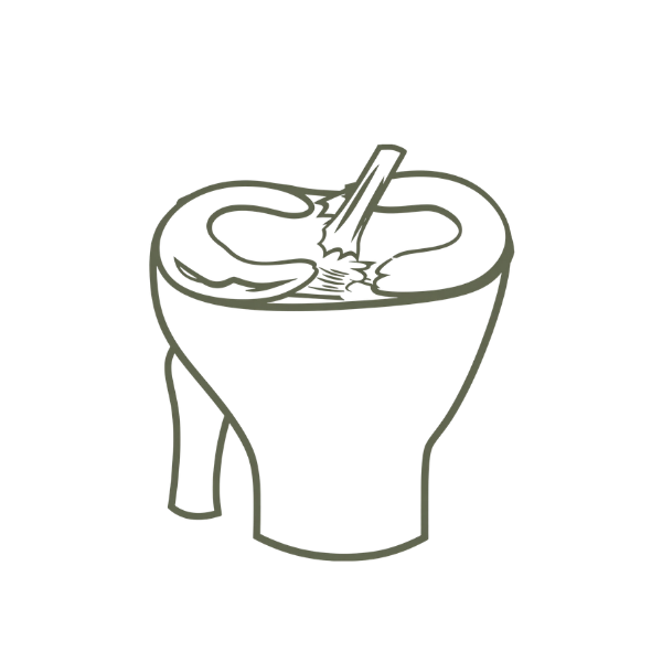 A stylized illustration of a cup of coffee with steam rising from it, with a straw or stir stick inside the cup.