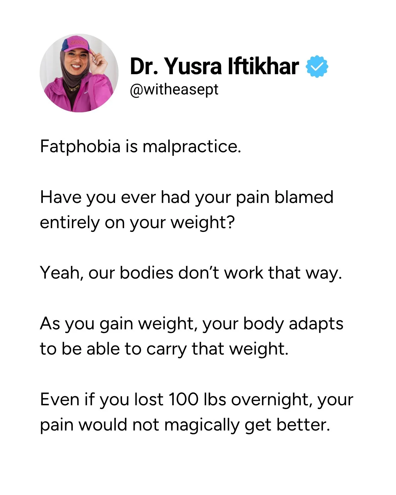 If you've ever had your healthcare concerns dismissed because of your weight, this one is for you.

I don't take this issue lightly. Fatphobia in medicine can quite literally lead to eating disorders, a delay in the actual diagnosis, and even weight 