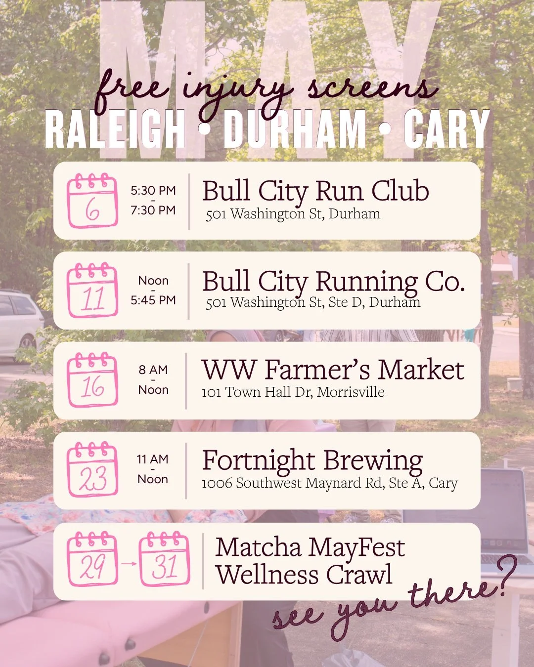 The post says it all! Come hang out at one or all of these events with me and learn how to move freely to live fully.

If you're new here: Hi, I'm Yusra. I'm a board-certified physical therapist and specialist in orthopedics. I help people get out of