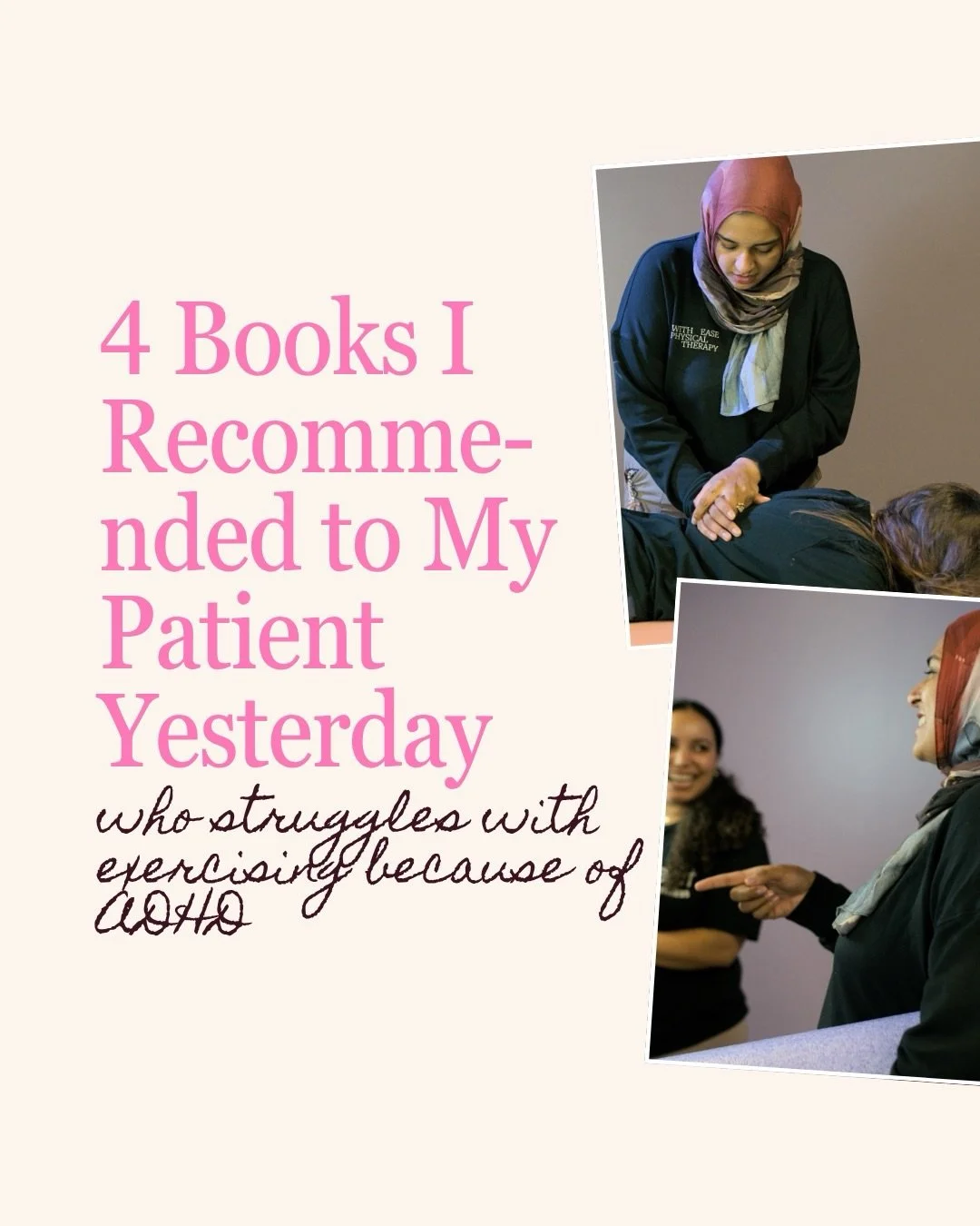 4 books I recommended to my patient (who struggles with completing PT exercises due to ADHD) who likes to read. 📚

Note: I am not a mental health professional and ADHD is out of my scope of practice. I recommend these books from an anecdotal perspec