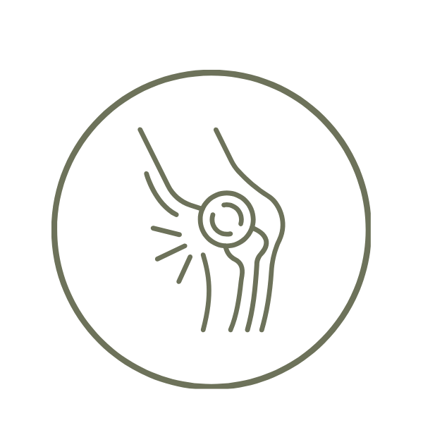 Line drawing of a knee joint with a highlighted area indicating pain or injury.