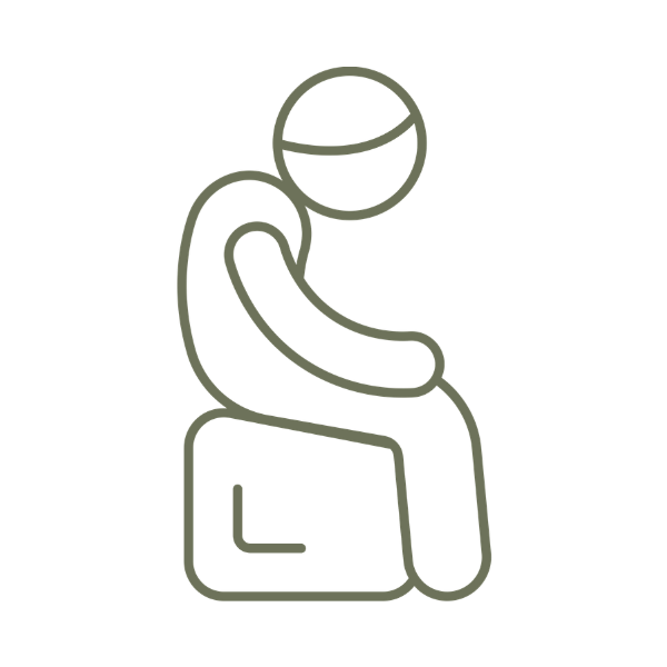 Line drawing of a person sitting on a box, with their head bowed and hands on their knees, indicating sadness or contemplation.