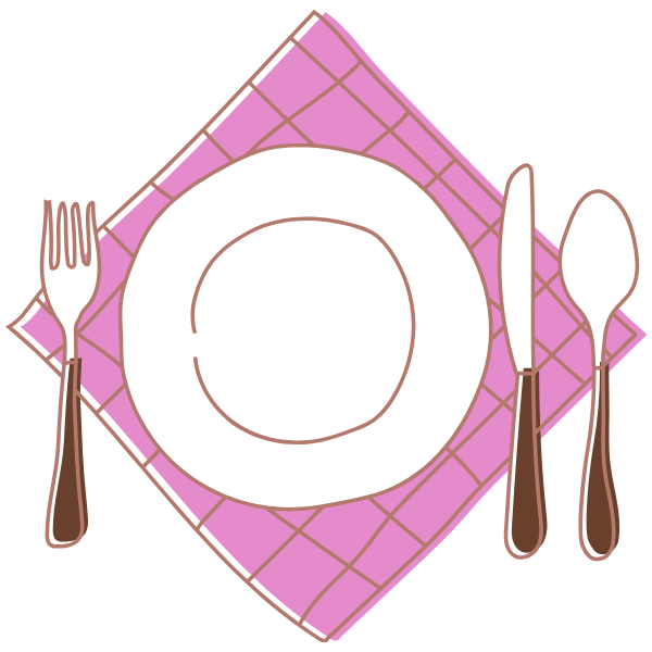 Place setting with a white plate on a pink napkin, fork on the left, knife and spoon on the right.