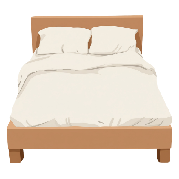 Illustration of a neatly made bed with a wooden headboard, two white pillows, and a white duvet cover.