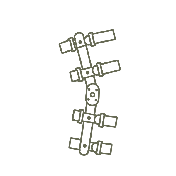 A line drawing of a guitar neck with tuning pegs and headstock on a black background.