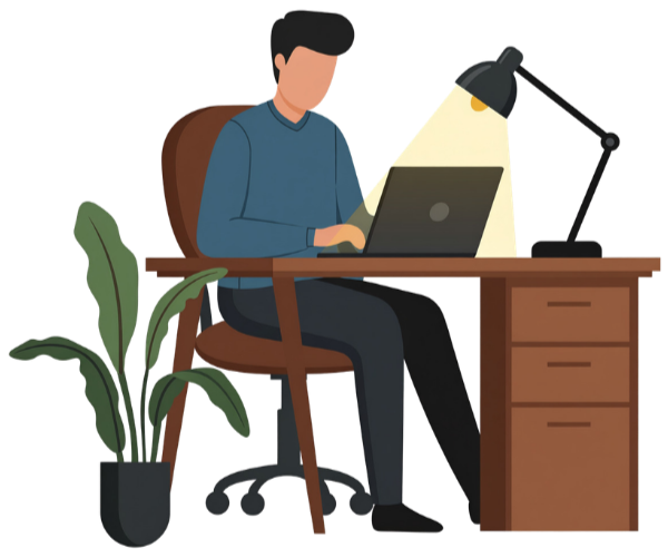 Illustration of a person working on a laptop at a wooden desk with a desk lamp, a potted plant, and drawers.