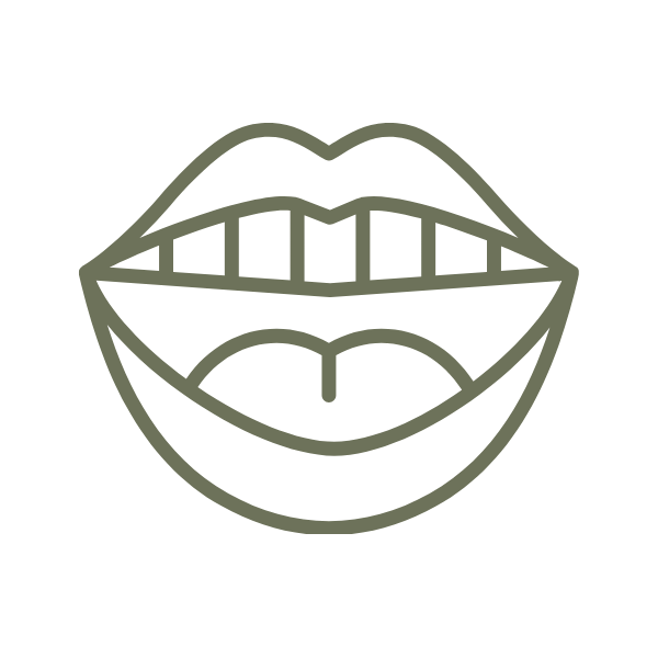 Outline drawing of a smiling mouth with visible teeth and tongue