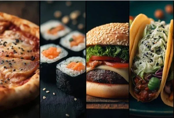 Close-up of various foods: pizza slice, sushi rolls, hamburger with lettuce, tomato, cheese, and patty, and two tacos with meat, lettuce, and cheese.