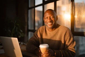 Smiling man sitting at a table with a laptop, holding a coffee cup, in a sunlit room with large windows.