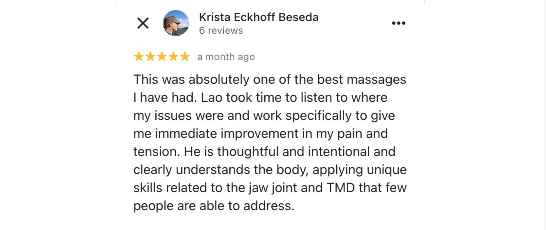 Screenshot of a Google review by Krista Eckhoff Beseda, five stars, expressing satisfaction with a massage from Lao, highlighting his attentive listening and skill in addressing jaw joint and TMD issues.